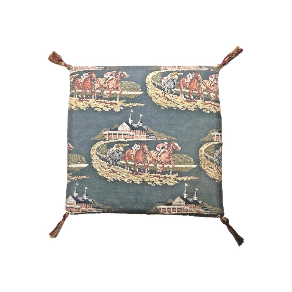 Vintage Equestrian Tapestry Pillow Cushion Tassels Derby Horses Jockey Valdese